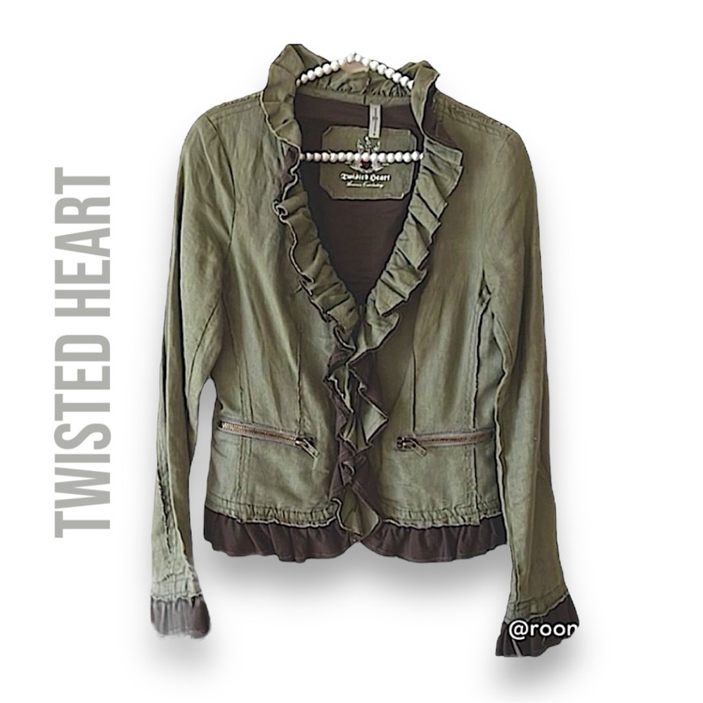 TWISTED HEART Olive Green Ruffle V Neck jacket or top SZ S